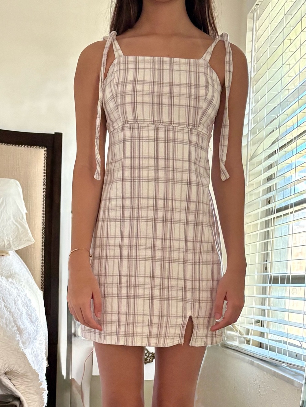 Hollister Plaid Tie-Shoulder Mini Dress in Cream and Lavender